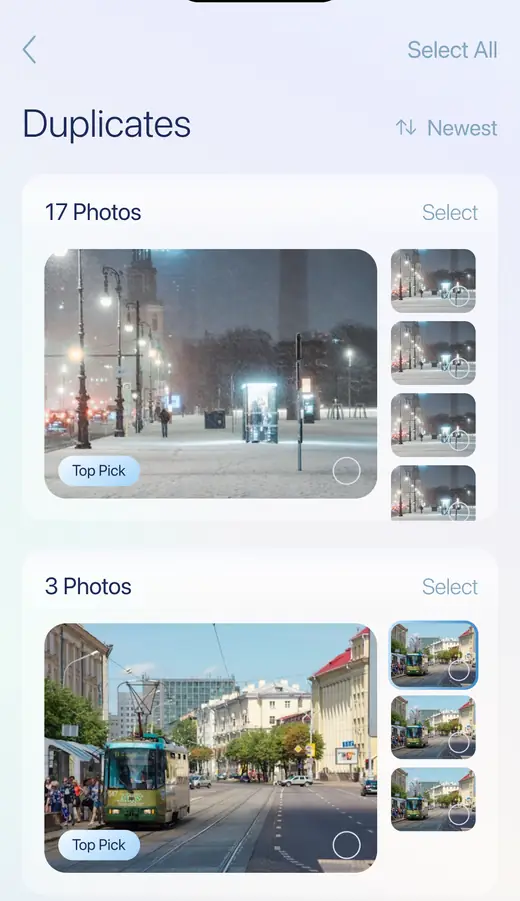 The Duplicates screen: groups labelled 17 Photos and 3 Photos, each showing one large photo and a column of identical thumbnails.