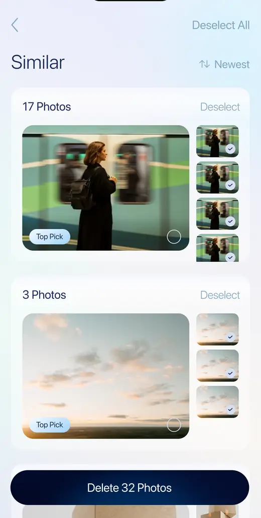 The Similar screen in Sanary: two groups of near-identical photos, each with one frame marked Top Pick and the rest ticked for deletion, and a Delete 32 Photos button.