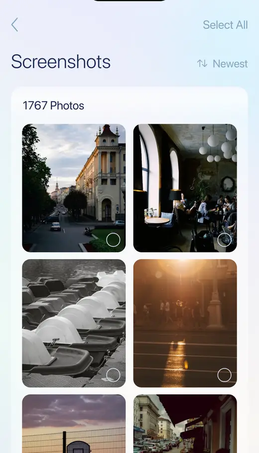 The Screenshots screen in Sanary: a grid of captured images with selection circles and a Select All control.
